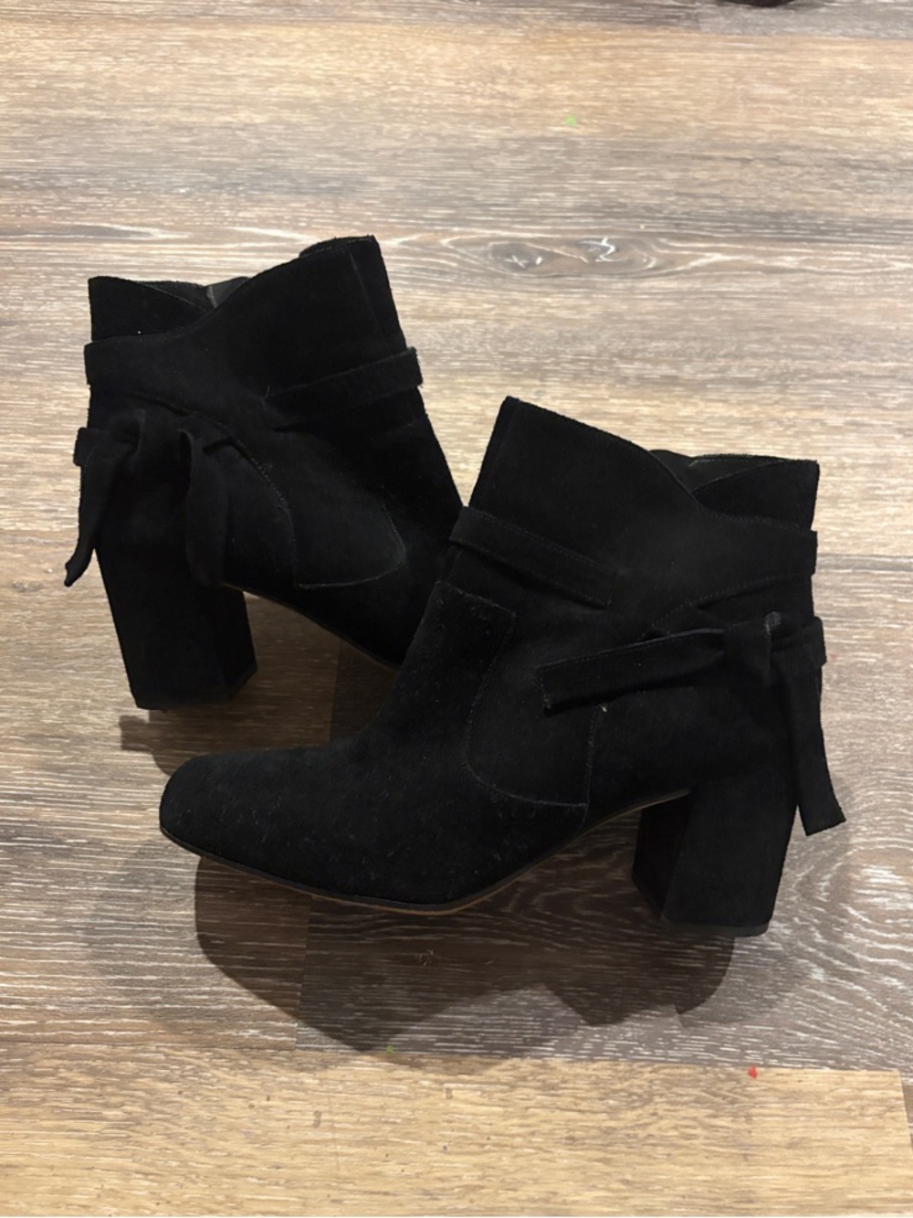 Franco Sarto Black Suede Ankle Boots with Block Heel and Bow Accent